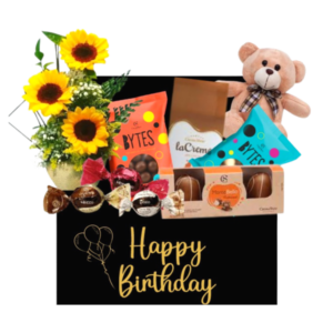 Cesta Flores com Chocolates e Pelucia Happy