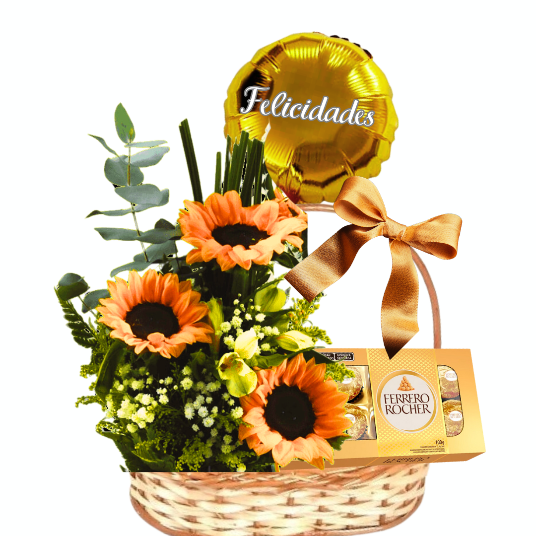 Cesta Girassóis Parabéns com Ferrero